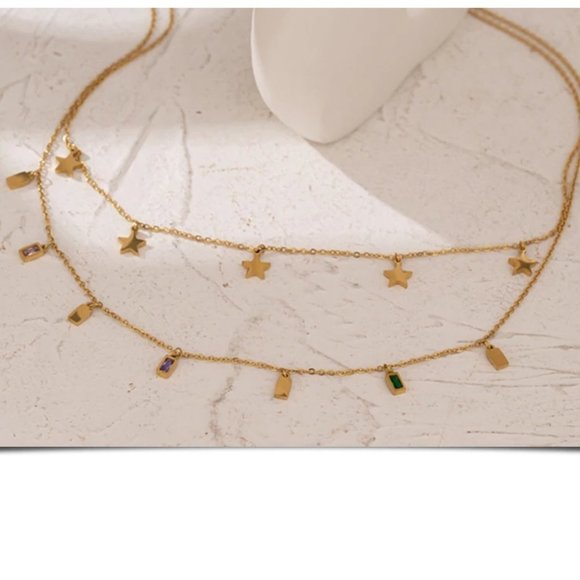 NEW 18K Gold Plated Star Square Drop Double Layer Necklace - Picture 7 of 7